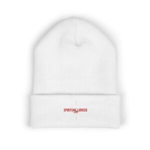 Spiritual Business Embroidered Cuffed Beanie — Minimal White Knit Hat