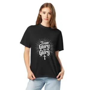 Women From Glory to Glory T-Shirt — Christian Faith Tee with Cross